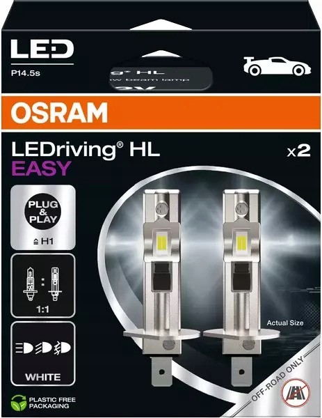 OSRAM LEDriving HL EASY  H1, LED High and Low Beam Lamp, Cool White 6500K, No Accessory Needed, Offroad Use Only - No ECE, 2 Lamps